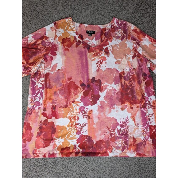 Susan Graver Weekend Top Size 2X Pink Red Stretch Floral Womens Cozy Pockets - Picture 3 of 12